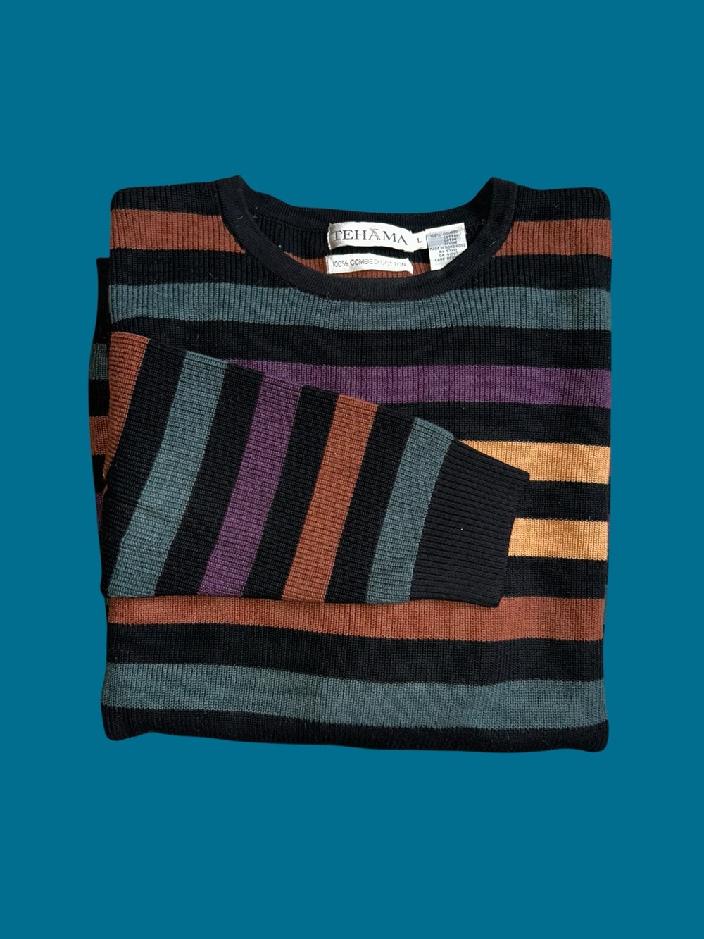 Vintage 90s Tehama Men’s Striped Combed Cotton Crew Neck Sweater Size L